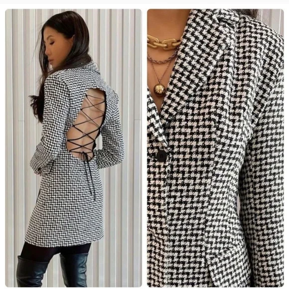 NWT Zara * Houndstooth Textured Tweed Blazer Dress Cut Out Size XS S - Picture 2 of 15
